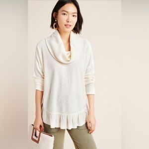 Anthropologie Maeve Addie Ruffled Hacci Pullover Sweater Cream Cowl Neck Med